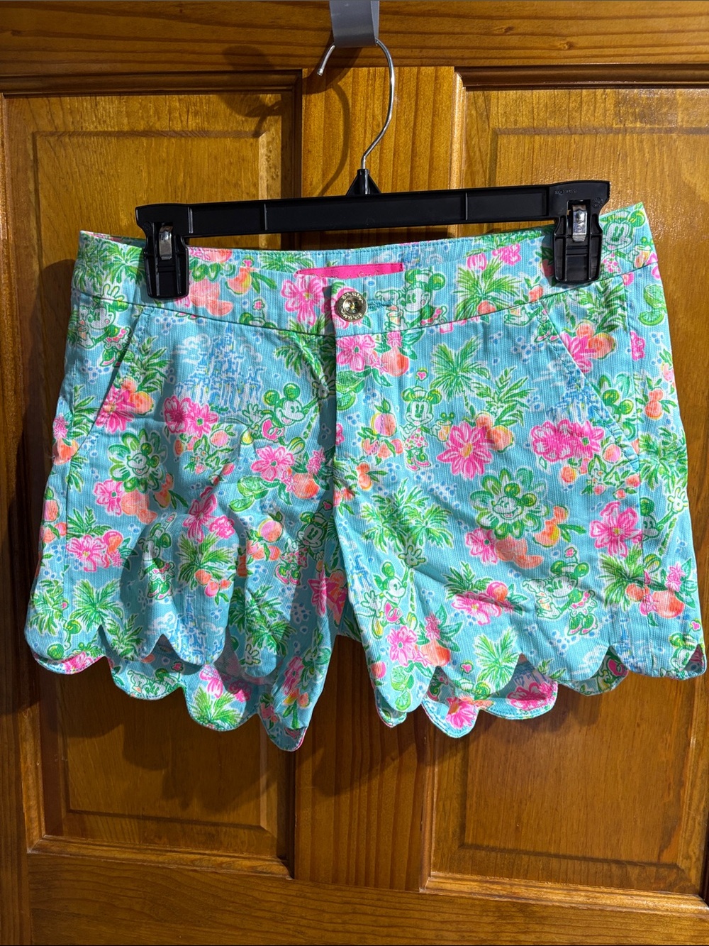 Lilly Pulitzer DisneyAqua Floral Scallop Hem High-Waist Shorts with Pink Accents